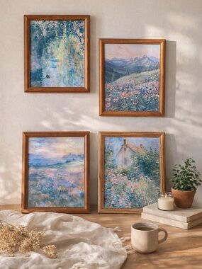 4 Framed Cottagecore Floral Landscape Prints 9.5x11.5 Wood Frames Vintage Art